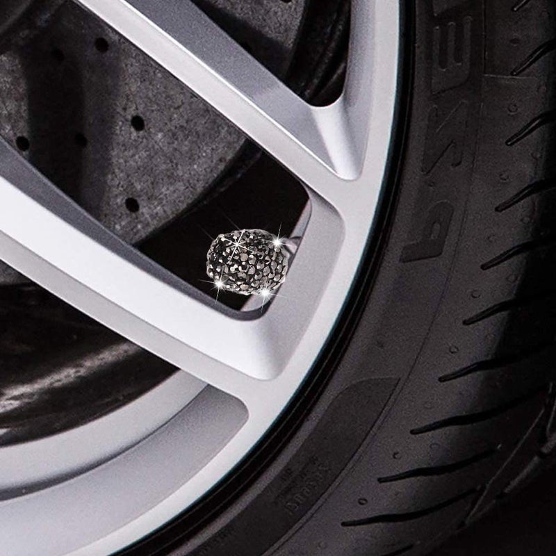 DBlosp Valve Stem Caps, 4 Pack Handmade Black Crystal Rhinestone Universal Car Tire Valve Caps Chrome,Attractive Dustproof Bling Car Accessories - Black Diamond - Image 3